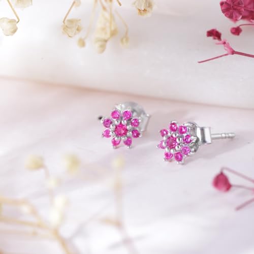 925 Silver Pink CZ Floral Stud Earrings with Hallmark