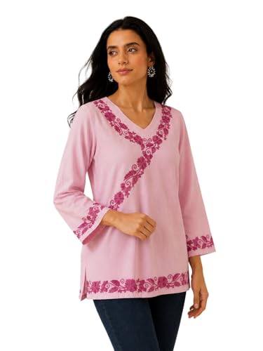 Image of QAZMI Women's Aari Embroidered Viscose Rayon V-Neck Full Sleeves Short Kurti