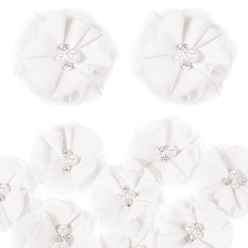 Thinp 10 Pcs Rhinestone Pearl Chiffon Flowers, 2' White...