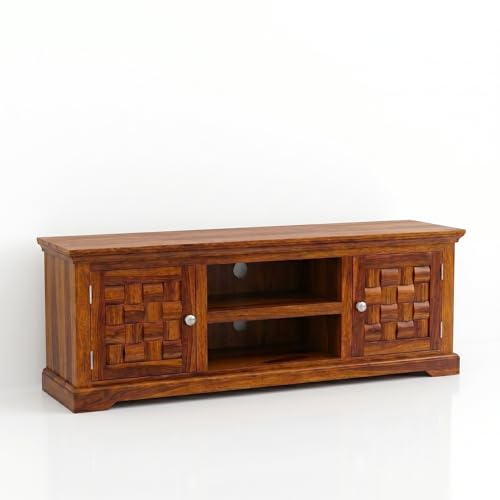 Image of Sheesham Solid Wood TV Entertainment Unit | Wooden TV Stand Cabinet Living Room & Office (Finish Color - Honey Finish)