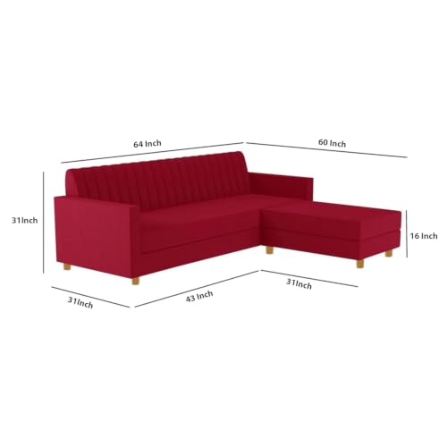 Image of Rosebell 3 + 1 Four Seater - Wooden L Shape Convertible Sofa Set for Living Room Furniture Set Upholstery-Velvet Fabric, Modular Sectional Couch for Home & Office - Red