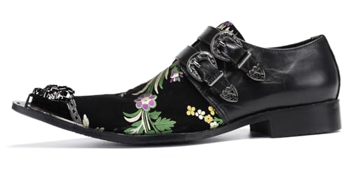Santimon Men's Metal Tip Toe Loafers-Stylish Mens Dress Slip-Ons for Wedding, Party, Prom-Leather Casual Shoes with Double Buckle and Floral2