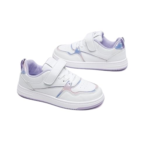 Kids Athletic Sneakers, White with Silver Accents, Hook and Loop Closure