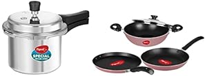 Pigeon Basics Non Stick Aluminium Non Induction Base Cookware Set, Including Dosa Tawa, Kadai with Glass Lid, and Frying Pan & Aluminium Pressure Cooker 3 Litre Non Induction Base Outer Lid (Silver)