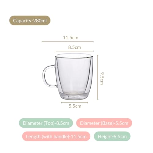 Image of Nestasia Double Wall Borosilicate Glass Mugs Set of 2 (280ml Each) - Microwave & Dishwasher Safe Transparent Glass Tea Cups | Food Safe & Durable Coffee Mugs - Ideal for Latte, Espresso, Cappuccino