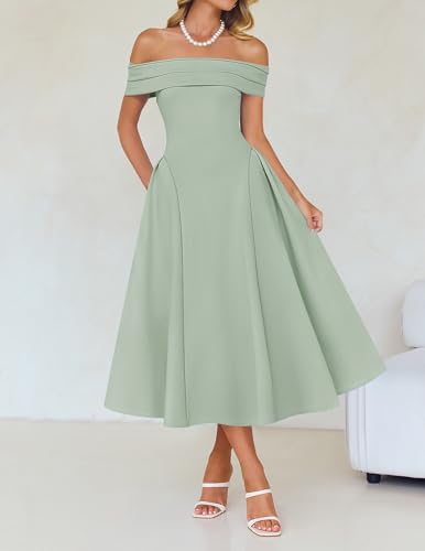 Image of ZESICA Summer 2026 Cocktail Dresses for Women's Off Shoulder Short Sleeve Swing A Line Wedding Evening Party Midi Dress