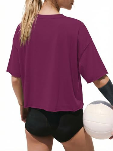 Image of ATHMILE Womens Crop Tops Workout Shirts Gym Oversized Spring Summer Basic Tees Short Sleeve Casual Loose Drop Shoulder 2026