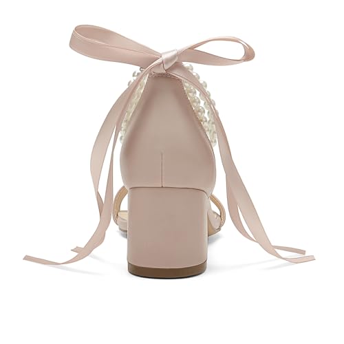 Women's Block Heels Pearl Wedding Shoes for Bride, Open Toe Chunky Low Heel Bridal Shoes2