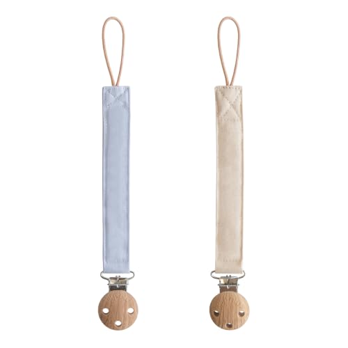 Image of mushie Linen Baby Pacifier Clip Holder (Powder Blue /Shifting Sand)