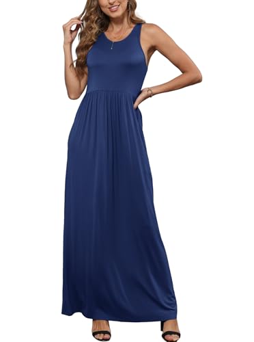 Image of EUOVMY Women's Sleeveless Dress Casual Plain Loose Summer Long Maxi Dresses with Pockets