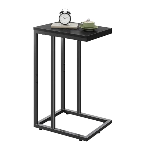WLIVE Beistelltisch C Form Kleiner Sofatisch，Kaffeetisch mit Metallgestell，Tischplatte aus Holz，Couchtisch Nachttisch 29 x 39 x 63 cm, Schwarz