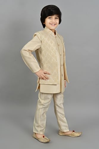 Image of AHHAAAA Kids Ethnic Silk Blend Waistcoat Kurta Pyjama Sherwani Set For Boys