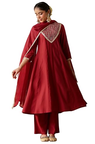 Image of Janasya Women's Maroon Chanderi Silk Embroidered Anarkali Kurta Set
