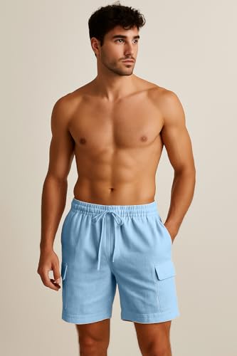 Image of INKKR Men's Cargo Linen Shorts Beach Shorts Drawstring Elastic Multi Pocket Plain Comfort Breathable Knee Length Cotton Shorts