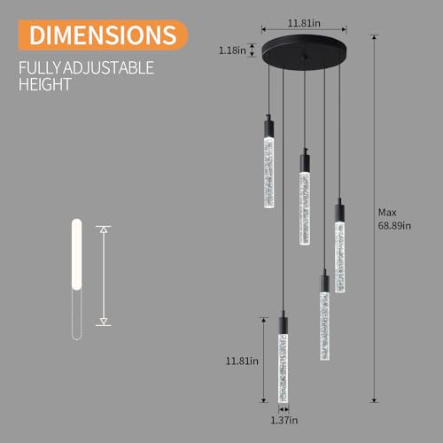 Image of Modern Light Fixture Kitchen Island Pendant Light Dimmable LED Black Pendant Lights Mini Crystal Pendant Lighting for Bedroom Dining Room Living Room（5-Light ）