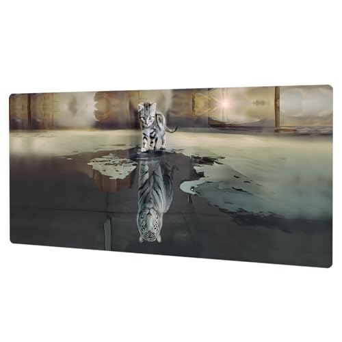 GLANDOTU Tapis de Souris Mousepad de Bureau 800 x 400 × 3 mm,Tapis de Souris Extra Large et Long Tapis de Souris XXL - Tapis de Souris à Base de Caoutchouc antidérapant -Chat et Tigre