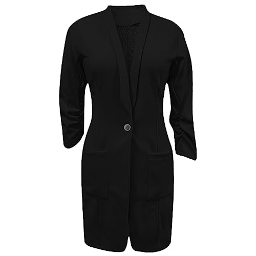 Long Blazer for Women Ruched 3/4 Sleeve Oversized Suit Jackets Elegant Work Office Suit Coat with Pockets4