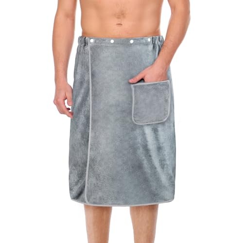 AOMIG Men's Towel Wrap with Pockets 80x150cm Large Grey Plush Soft Quick Dry Body Bath Towels Adjustable Towel Bathrobe