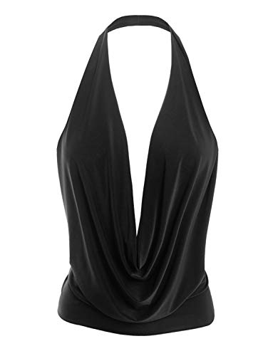 LE3NO Womens Lightweight Sexy Low Cut Halter Top with Stretch Black