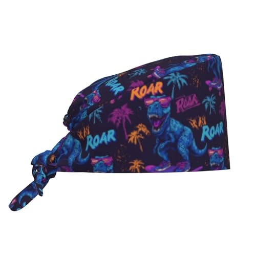 Roaring Dinosaur Working Cap Scrub Cap with Sweatband Adjustable Tie Back Hat Breathable Headgear for Women/Men
