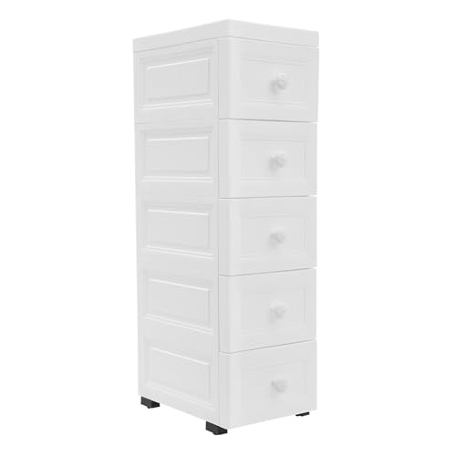 czyuRachel Commode étroite à 5 tiroirs avec roulettes - Meuble de salle de bain avec tiroirs - Style simple - Blanc
