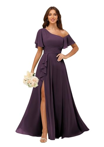 Image of One Shoulder Bridesmaid Dresses for Women with Pockets Short Sleeve Ruffled Chiffon Formal Evening Gowns