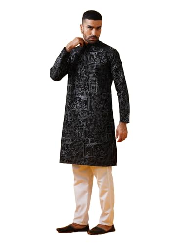 Image of SOJANYA (Since 1958 Men's Cotton Silk Kantha Thread Embroidered Kurta with White Pyjama