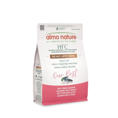 Almo Nature HFC Our Best - Croquettes pour Chat Adulte - Saumon Frais - Qualité HFC, sans Gluten, Monoprotéiné, Haute Appétence - Nourriture Sèche...