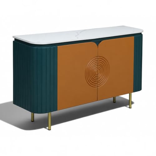 Image of Solid Wood Mandala Sideboard Cabinet with Sintered Stone Top for Living Room | Premium Acrylic Emerald Green and Terracotta Brown with Soft Close Hinges