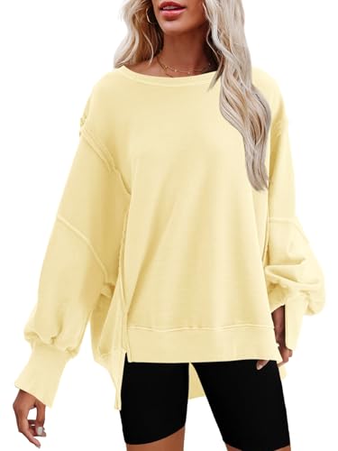 Nirovien Womens Oversized Crewneck Sweatshirt Side Slit Long Sleeve Pullover Slouchy Fit Tops