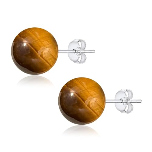 8mm Natürliche Tigerauge Ohrstecker für Frauen Mädchen, Runden Edelstein Kugel Perle Ohrringe Hypoallergen 925er Silber Schmuck Geschenk für Geburtstag Schulabschluss Muttertag Schulanfang