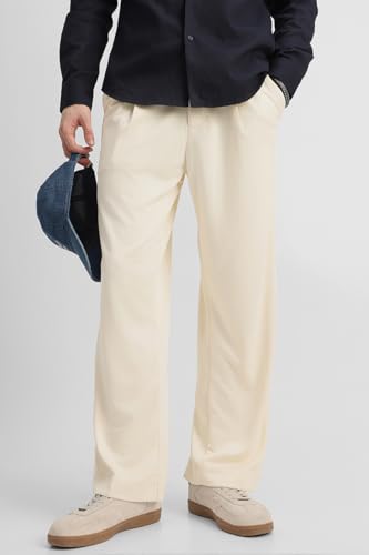 Image of SNITCH Men Casual Trousers | Loose Fit Pleated Front Plain Wide-Leg Style | Lightweight Polyester Blend Medium-Stretch Fabric for Summer & All-Day Comfort Wear
