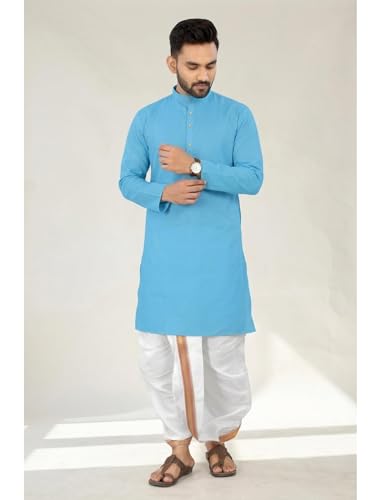 Image of UNIQUE MOMENTS Men's Cotton Dhoti Kurta Set with Full Sleeves Solid Pattern Modern Style and Mandarin Collar Neck | Perfect for Puja & Celebrations