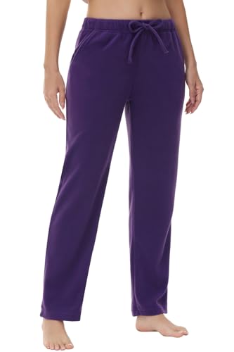 COZZIPLUS Damen-Fleece-Hose, leichte Polar-Fleece-Lounge-Sweathose für Damen, gerades Bein, Pyjamahose mit Taschen, Violett, Medium