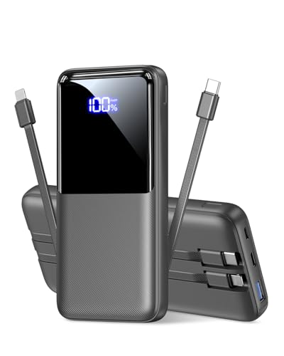 Power Bank Fast Charging 15000mAh, Portable Charger with 2 Built-in Cables & 3 Ports, Powerbank with LED Display, Battery Pack Compatible with iPhone 16 15 14 13 Android and more, Dark Gray