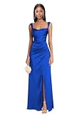 Dessiny Long Royal Blue Square Neck Ruched Bridesmaid Dresses for Women 2025 Spaghetti Straps Pleated Satin Formal Chirstmas Party Dresses with High SlitUS0