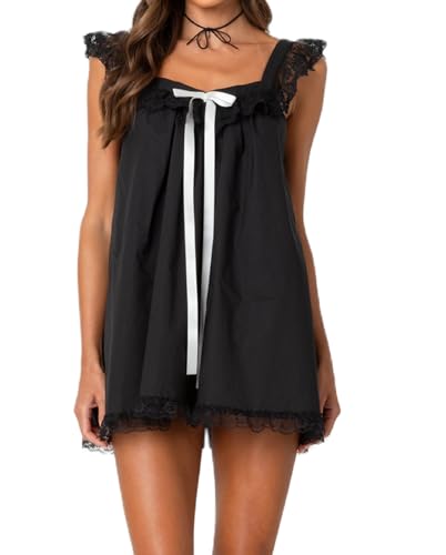 Image of NUFIWI Y2K Ruffle Hem Babydoll Mini Dresses Square Neck Spaghetti Strap Short Dresses Boho Flowy Patchwork Sundress Vocation
