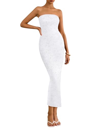 BTFBM Women Strapless Lace Formal Maxi Dress Summer Bodycon Tube Back Slit Cocktail Vacation Beach Wedding Guest Dresses
