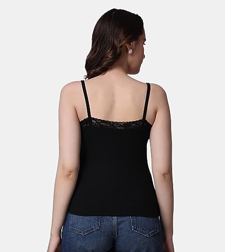 Image of POPWINGS Women Casual Black Rib Solid Sleeve Self Design Noodle Strap Top | Women Tops | Women Regular Tops | Women Tops | Women Stylish Tops