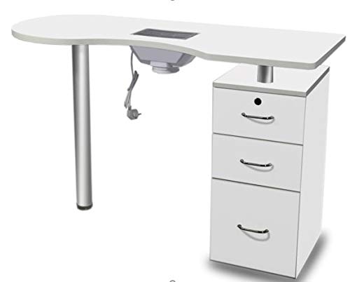 Mesa manicura Capri de Madera en Blanco con Aspirador y Bolsa. Pie Cromado y Columna de almacenaje con alojamiento y cajones. Cajón Superior con Llave.