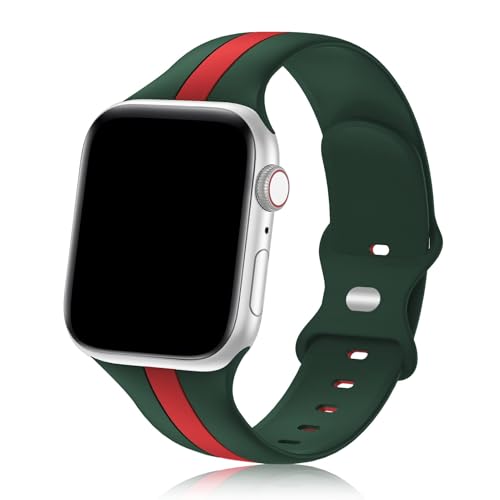 Designer Sport Band Compatible with Apple Watch iWatch Bands 38mm 40mm 41mm 42mm 44mm 45mm 49mm Men Women, Soft Silicone Strap Wristbands for Apple Watch Series 9/8/7/6/5/4/3/2/1/SE/Ultra (A-Green Red, 38mm/40mm/41mm)