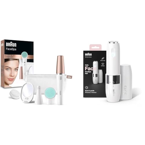 Braun FaceSpa Gesichtsepilierer Damen, Gesichtsreinigungsbürste, Massagepad, Spiegel und Tasche, 851v, weiß/bronze & Face Mini-Haarentferner, elektrischer Gesichtshaarentferner für Damen, FS1000, weiß