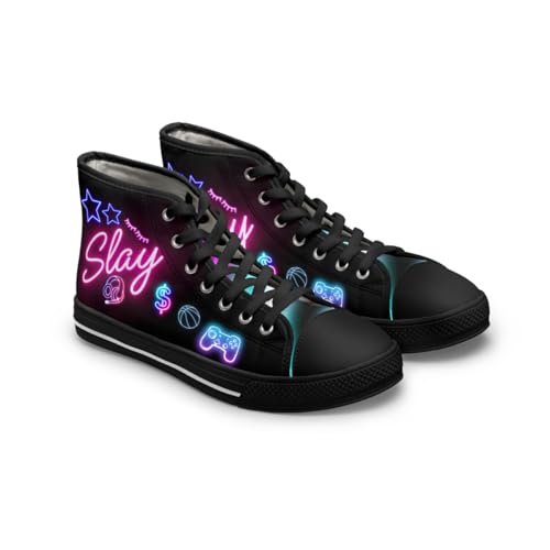 Slay and Chill Vibrant Womens High Top Sneakers with Neon Design, Unique Gift for Gamers Trendsetters and Teens