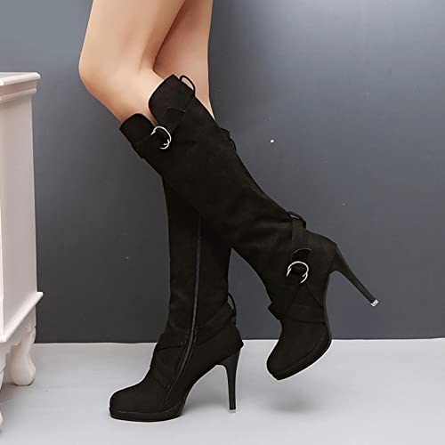 Hbeylia Stiletto High Heels Boots For Women Ladies Fashion Slouchy Metal Buckle Ruched Suede Round Toe Platform Wedge Dress Pump Slip On Mid Calf Boots Slouch Casual Winter Fall Long Tall Boots3