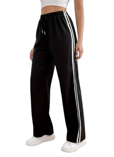 Image of dockstreet Straight Long Length Trouser Style Drawstring Contrast Belt Black and White Trackpant for Women /Trending, Relaxed Casual Lowers for Women