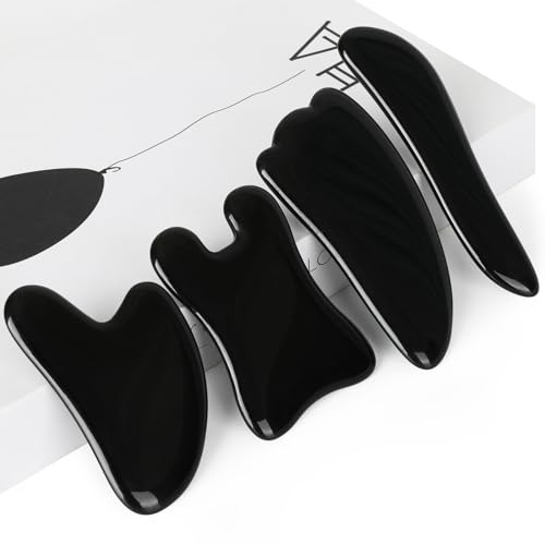 airogym Guasha Massage Tool，Natural Stone Gua Sha Board, 4PCS Guasha Stone Scraping Massage Sets for SPA Acupuncture Physical Therapy Muscle Knots Facial Caring Point Treatment (Black Stone)