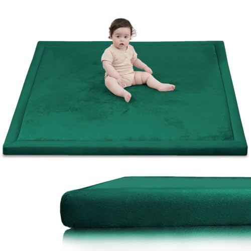 Image of Huloo Sleep Ultra Soft Baby Play Mat for Floor,1.3 inch Thick Elasti-Foam 47x47 Play Mat for Playpen,Water-Repellent Coral Velvet for Tummy Time, Non-Slip Backing Safe for Toddlers & Infants(Dark Green)