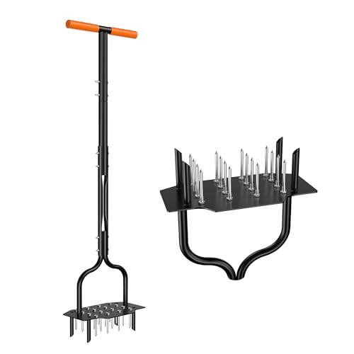 2-in-1 Lawn Aerator, Heavy Duty Manual Core Aerator Lawn Tool with 16 Iron Spikes & 4 Hollow Tines Garden Tools for Yard Grass Soil