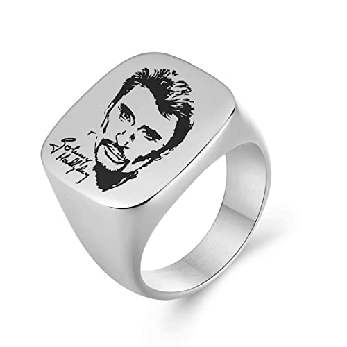 AFSTALR Bague Johnny Hallyday Homme Cadeau Signature Bague Chevalière Acier Inoxydable Anneau Bague Sceau, Argent 9