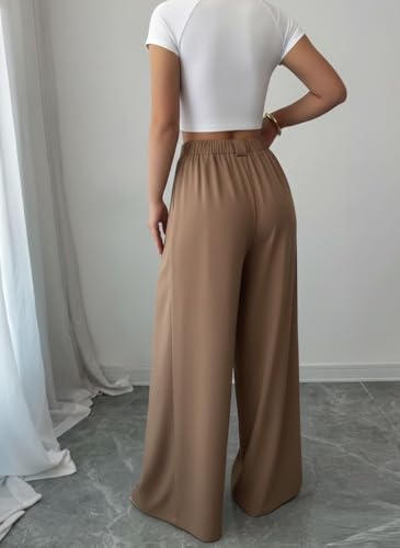 Image of SMOWKLY Women's Korean Style Loose Fit Wide Leg Trousers | Cotton Blend Pleated Palazzo Pants with Elastic Back Waist | High Waist Office & Casual Wear | Stretchable & Breathable